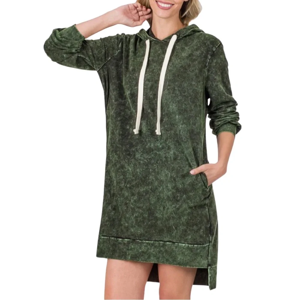 ZENANA • Green Acid Washed Hoodie Sweater Long Sleeve High-Low Dress w/ Pockets - Picture 1 of 7